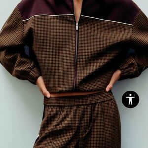 Zara Brown and Burgundy Checkered Bomber jacket and marching pant